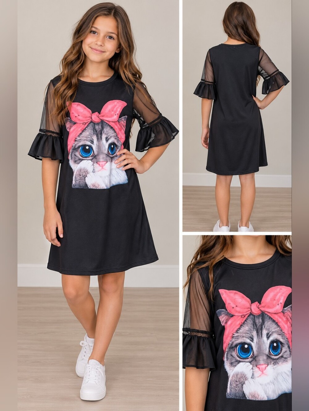 SHEIN Girls Black Cat Print Dress with Bow – Size 12Y